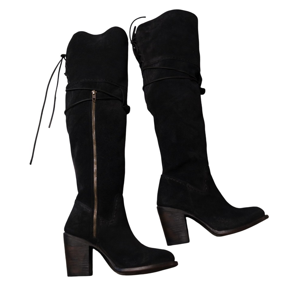 Freebird by Steven Brock Womens Black Suede Over The Knee Lace Up Boots